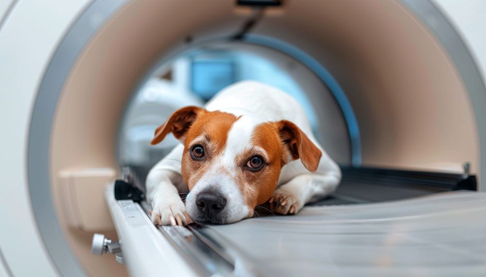 a dog laying down near an x-ray - Pet Diagnostic Imaging in Saskatoon, SK